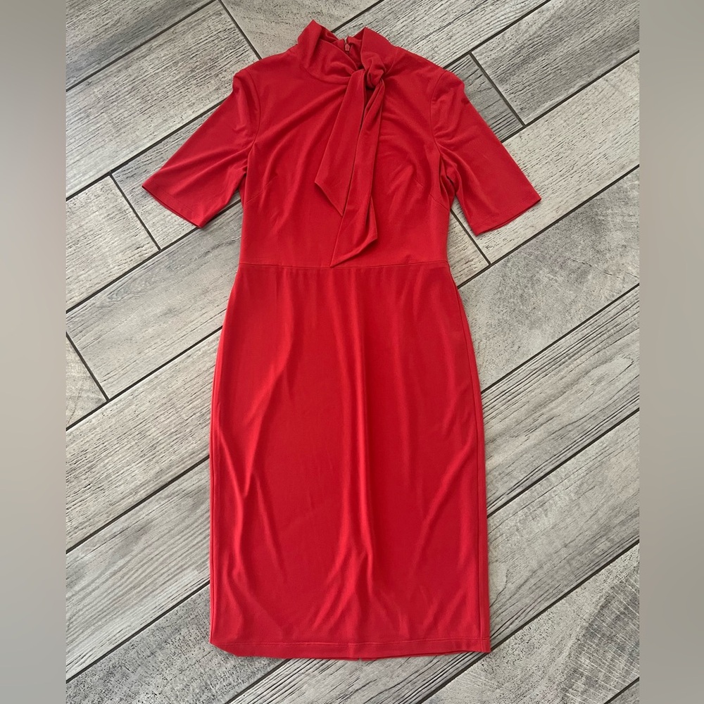 Maggy London Tie Neck Scuba Midi Dress.